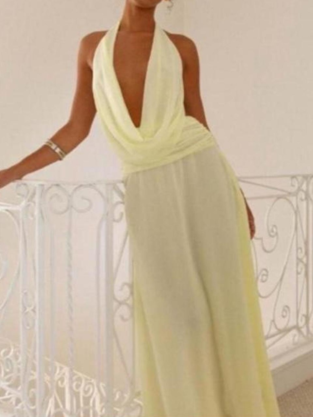 Peppermayo Pale Yellow Halter Plunge Cowl Maxi Dress
